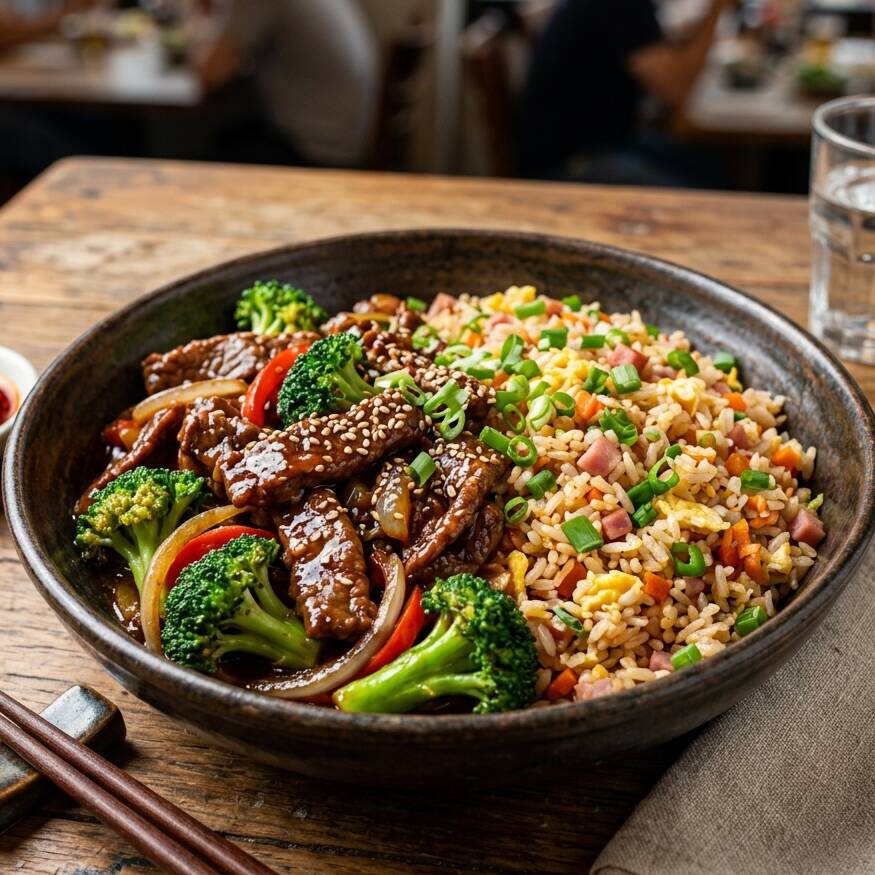 Tiras de carne bovina salteadas na wok com brócolis, ao estilo oriental, envoltas em molho especial da casa. Acompanham yakimeshi, arroz frito na wok com presunto, cenoura, cebolinha e ovo, temperado com um leve toque de shoyu. Uma combinação cheia de sabor e tradição. Meia porção 600gr. Porção Grande 950gr
