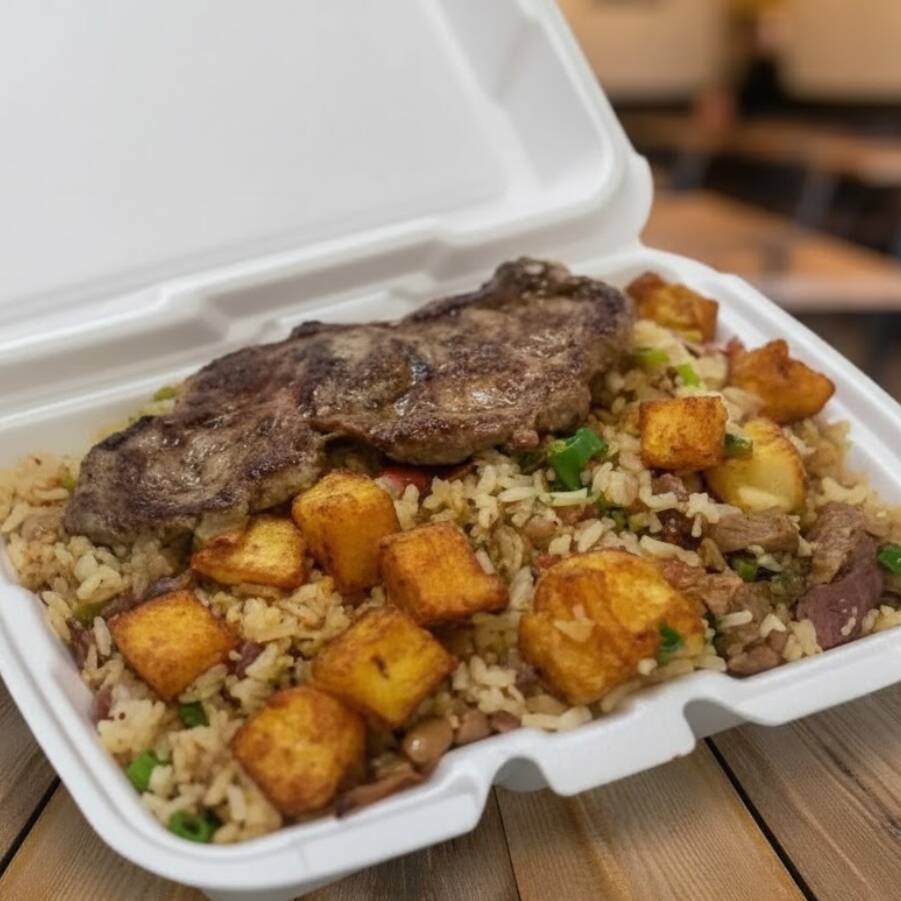 Arroz, calabresa, bacon, carne seca, queijo coalho, feijão fradinho, temperos da casa e mistura à escolha do cliente.