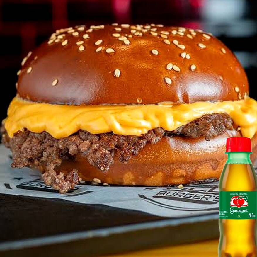 Goyas Bacon Burger 100g (Pão brioche, hambúrguer fininho e suculento 100g, Cheddar Defumado e maionese verde) + 1x Guaraná 200ml