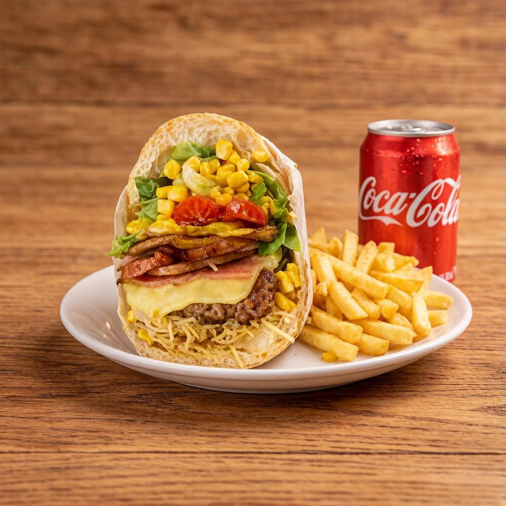 1 X-TUDO recheado com tudo que você ama, 1 porção de batata frita crocante (tamanho pequeno) e 1 refrigerante em lata à sua escolha.