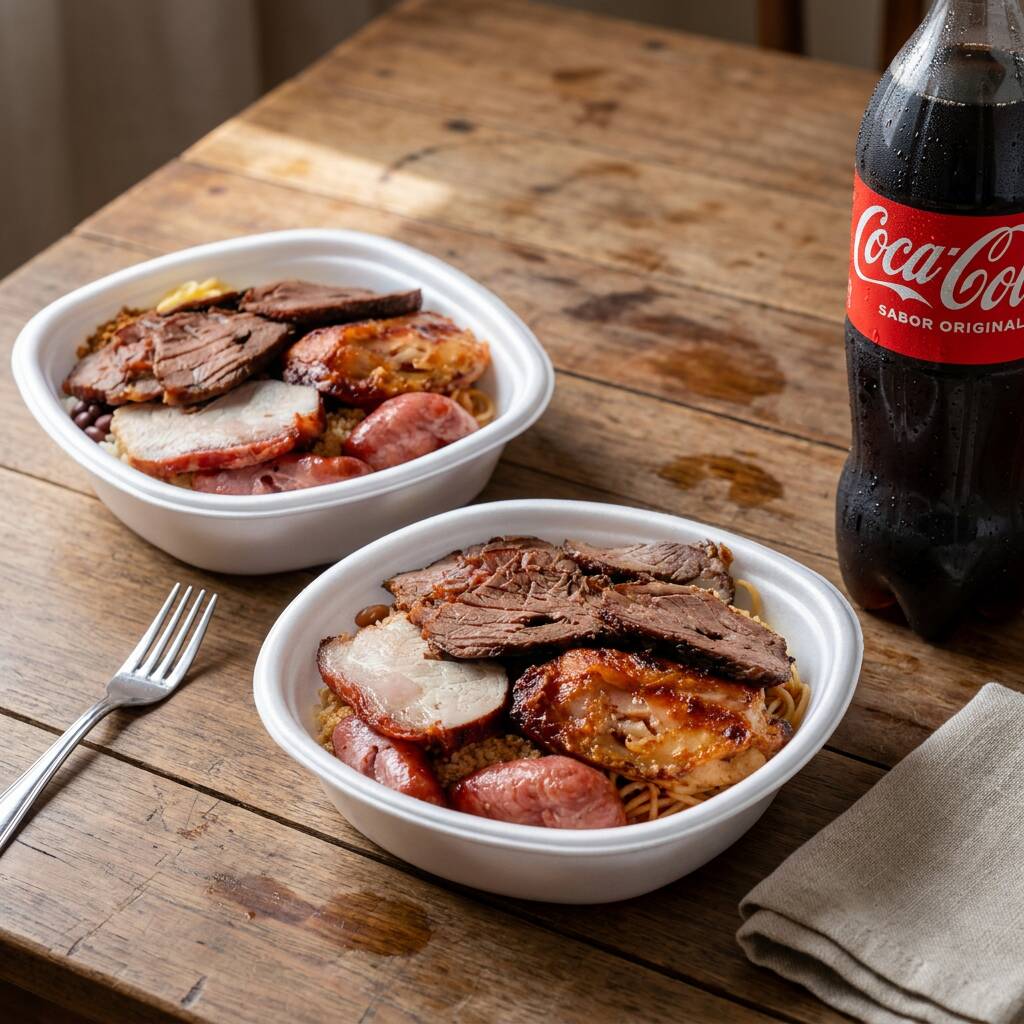 Combo Seleção 99, 1*Churrasco Misto (marmita pequena), 1*Marmita de Churrasco Misto, 1*Coca Cola Original 2L