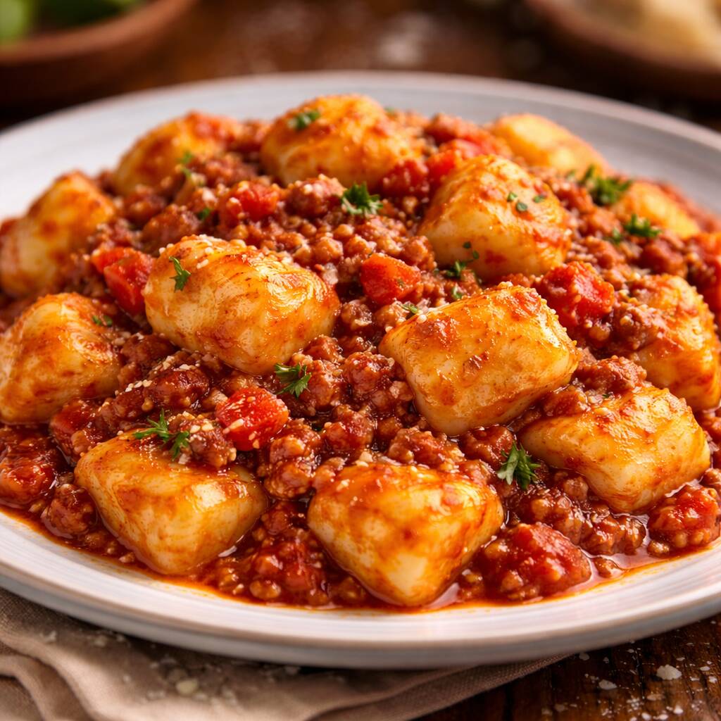 Massa saborosa denhoque com molho a bolonhesa, queijo