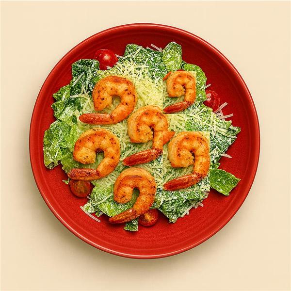 Camarões, alface, cenoura e tomate cereja, com molho cítrico de dois limões e um toque de parmesão ralado.