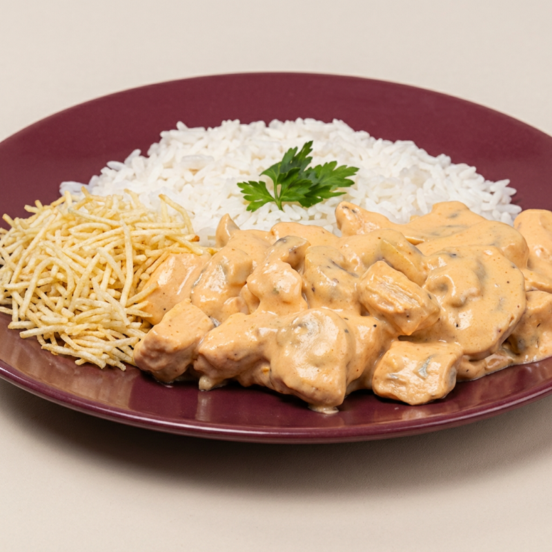 Arroz, feijão, macarrão alho e oleo, strogonoff de frango e batata palha