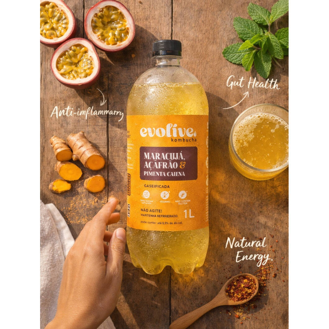 Kombucha Artesanal 1L – Maracujá, Açafrão e Pimenta Caiena. Bebida funcional naturalmente fermentada, rica em probióticos e com gaseificação natural. Sabor tropical com leve acidez do maracujá, toque funcional do açafrão e picância suave da pimenta caiena. Uma experiência refrescante e intensa para quem busca energia natural e bem-estar. Sem conservantes artificiais. Ideal para compartilhar. Peça mais de um sabor e aproveite