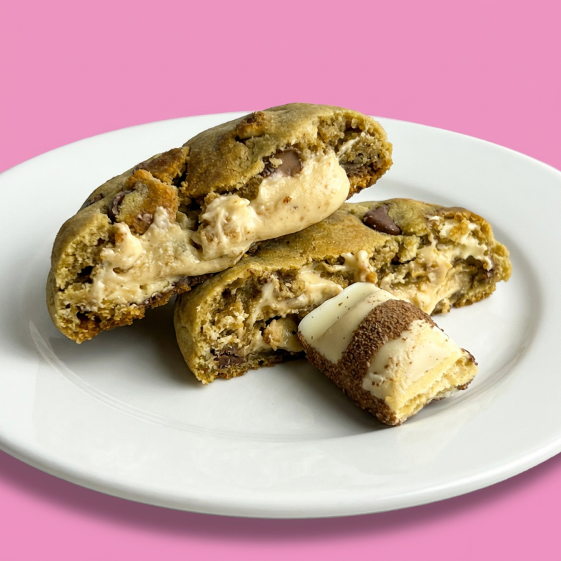 Com uma massa amanteigada e crocante, com pedaços de chocolate branco e ao leite com um toque especial de pedaços de avelã. Recheio artesanal de chocolate branco e avelã.