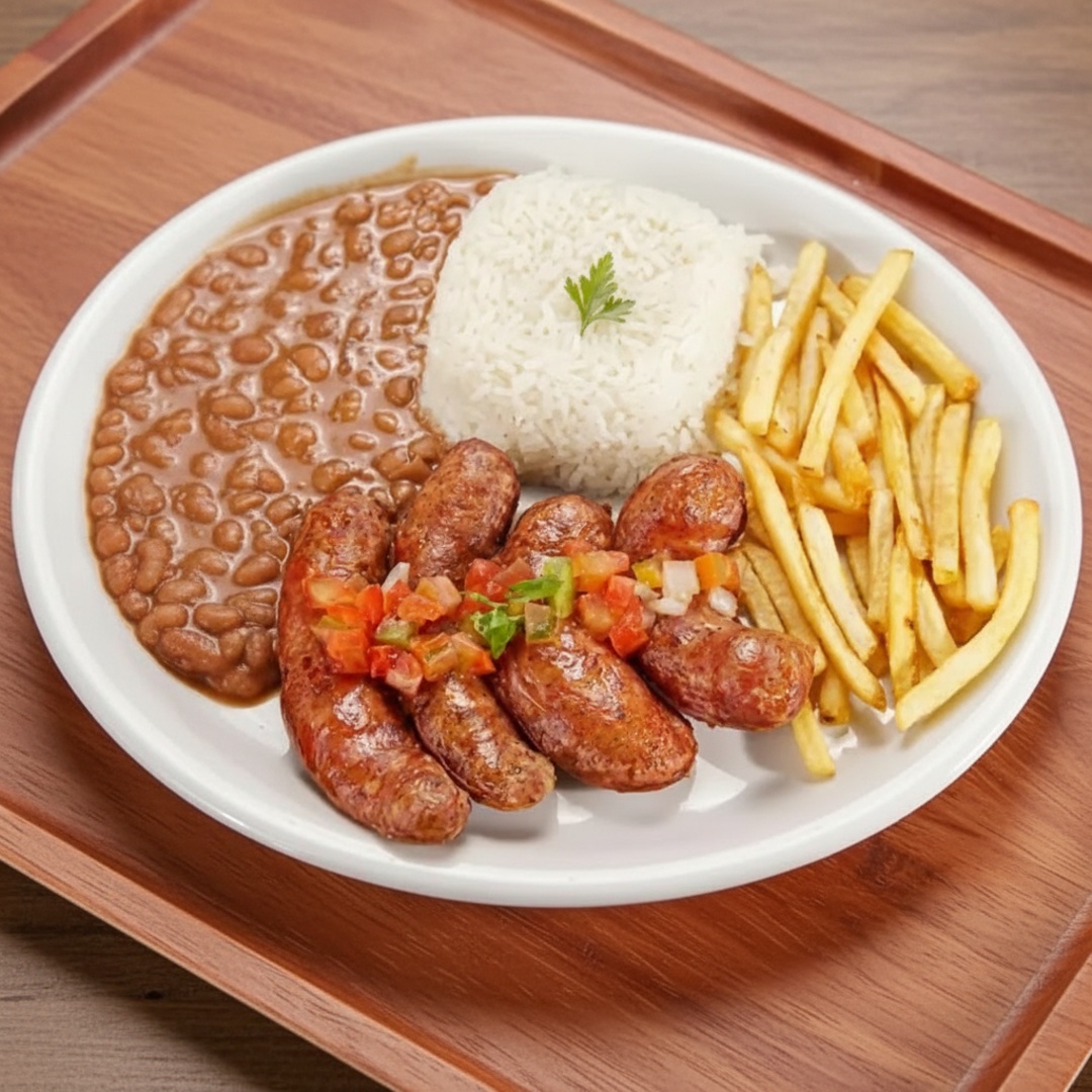Acompanha arroz, feijão, macarrão alho e oleo, linguiça toscana com farofa