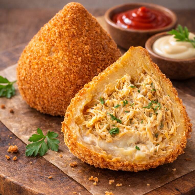 Casquinha crocante por fora (empanada na farinha panko) e recheio super cremoso de frango com catupiry. Grande, quente e ideal pra quem quer comer bem. Peça acompanhada de um refri gelado.