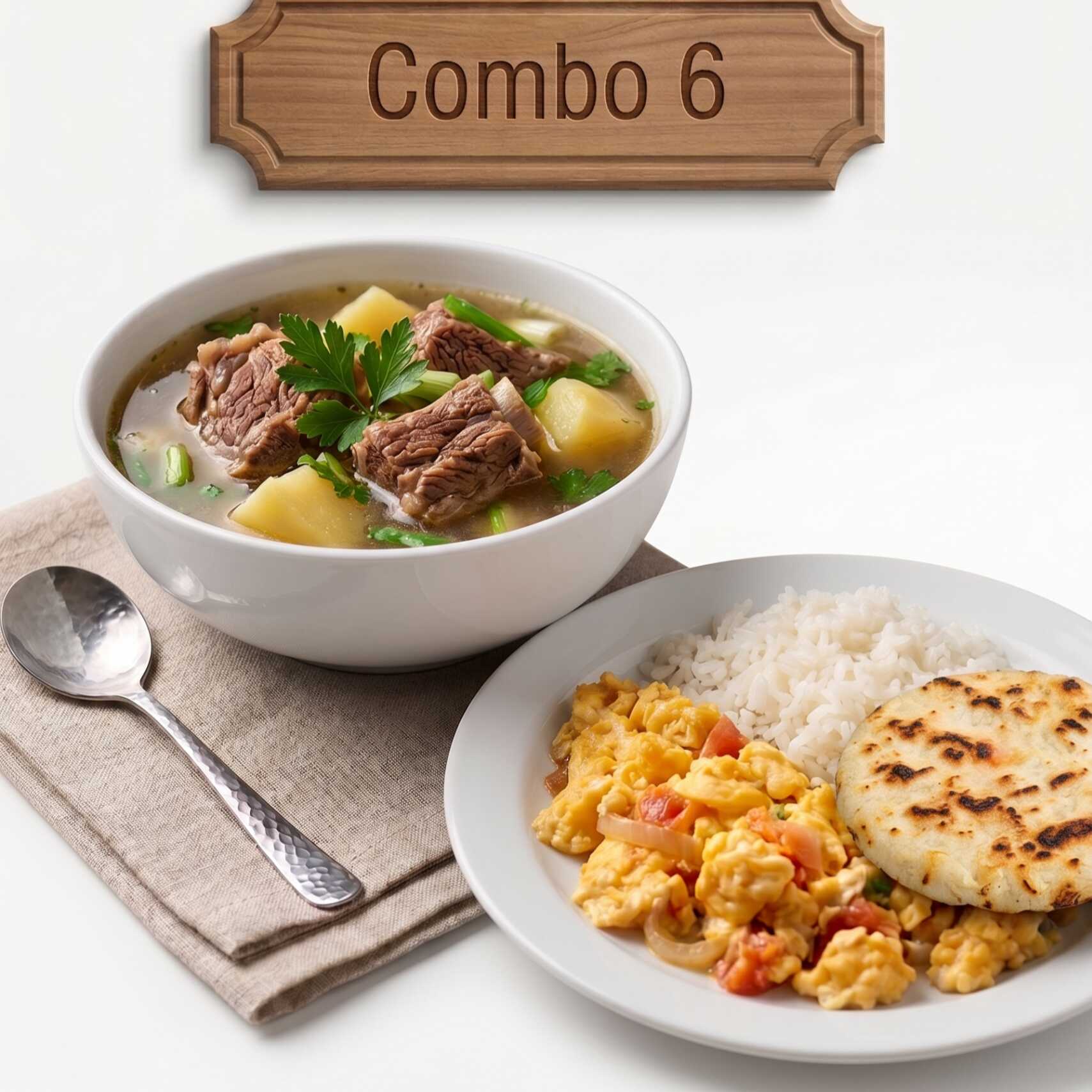 C6 Caldo de costilla huevos arepa y arroz