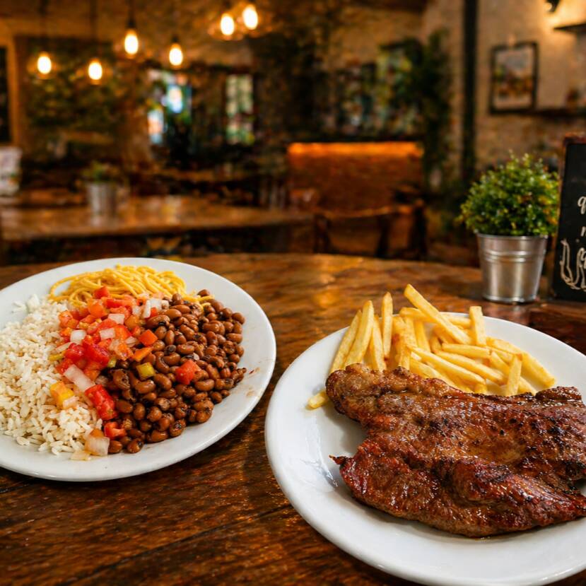 Carne de sol - arroz, macarrão, vinagrete, farinha e feijão (preto, mulatinho ou macassa), fritas.