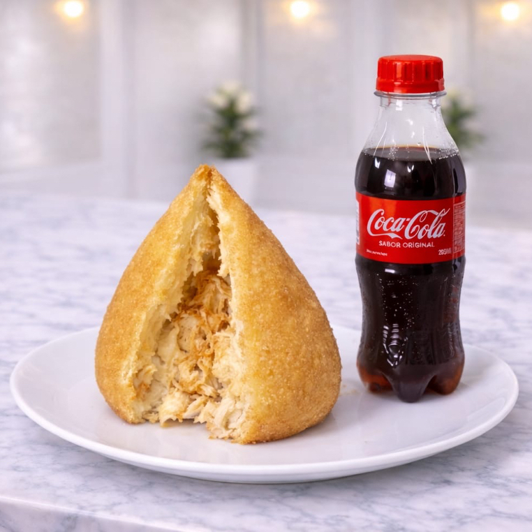 Delicie-se com uma coxinha crocante recheado com frango desfiado com requeijão cremoso, acompanhado de uma Coca-Cola gelada (220ml). A combinação perfeita para matar a fome com muito sabor!