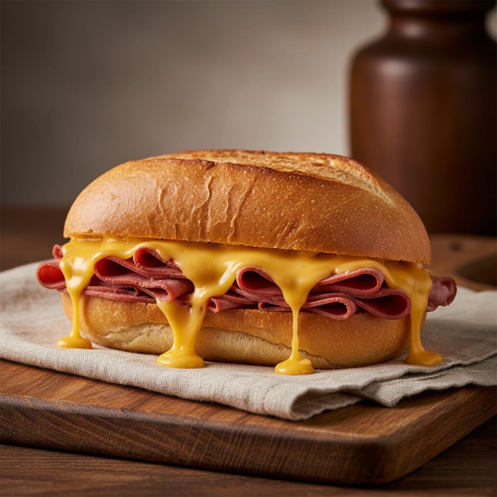 Pão c/ 2 fatias de queijo prato e 2 fatias de mortadela defumada.