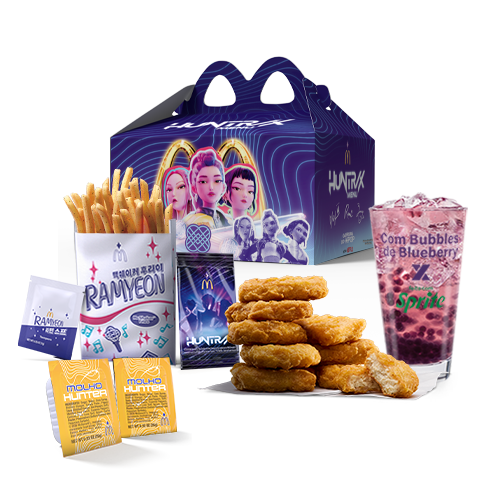 Menu Huntrix. Os frangos empanados mais irresistíveis do Mcdonald’s com acompanhamento, bebida, 2 molhos de sua preferência e 1 Pacote de Cards Huntrix.