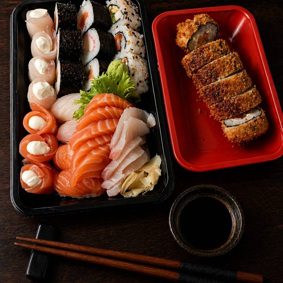 9 Sushis variados, 5 sashimis de salmão, 5 sashimis de tilápia, 4 niguiri variados, 7 gunkan variados e 6 hot. Acompanha molho shoyu, teriaki e 1 par de hashi, Não fazemos alteração.