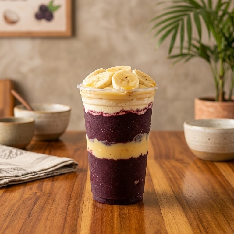 Açaí no copo com banana, leite em pó e leite condensado. Cremoso, geladinho e irresistível! Nosso açaí é servido em copo, coberto com rodelas frescas de banana, uma generosa camada de leite em pó e um delicioso fio de leite condensado. A combinação perfeita entre o sabor marcante do açaí e a doçura dos complementos. Ideal para matar a vontade de um doce refrescante a qualquer hora do dia!