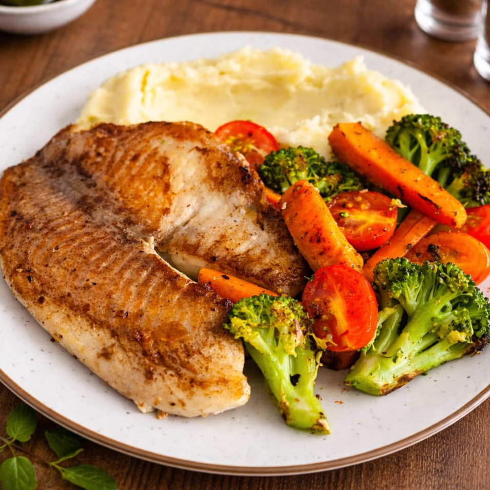 Filé de tilápia grelhado servido com purê de batata cremoso e mix de legumes grelhados (brócolis, cenoura e tomate). Um prato equilibrado, nutritivo e delicioso.