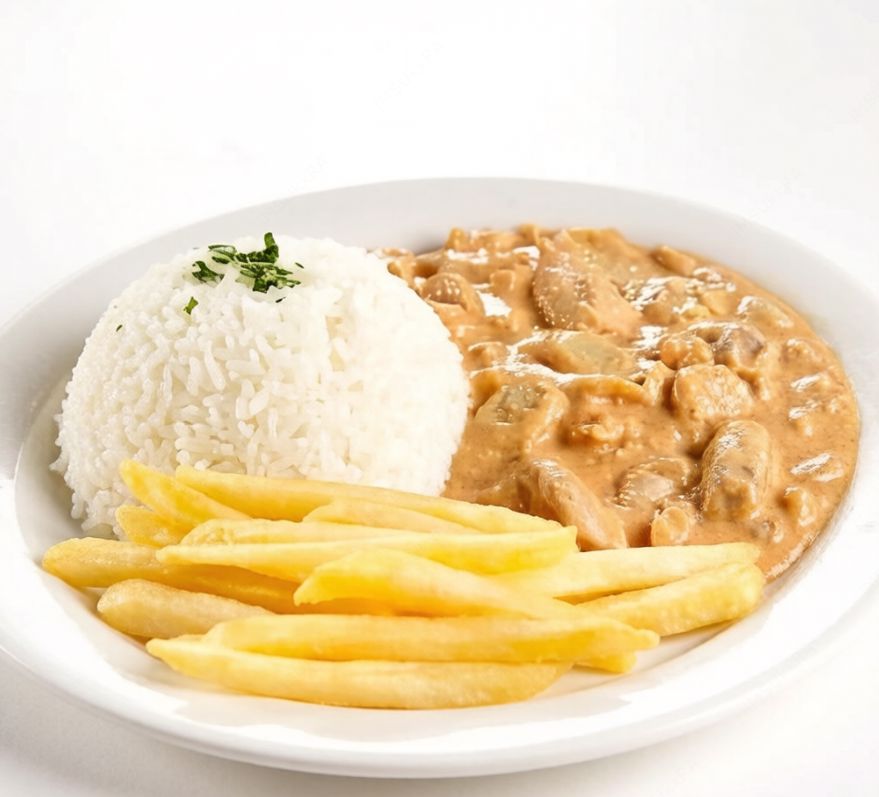 Acompanhamentos: arroz e fritas