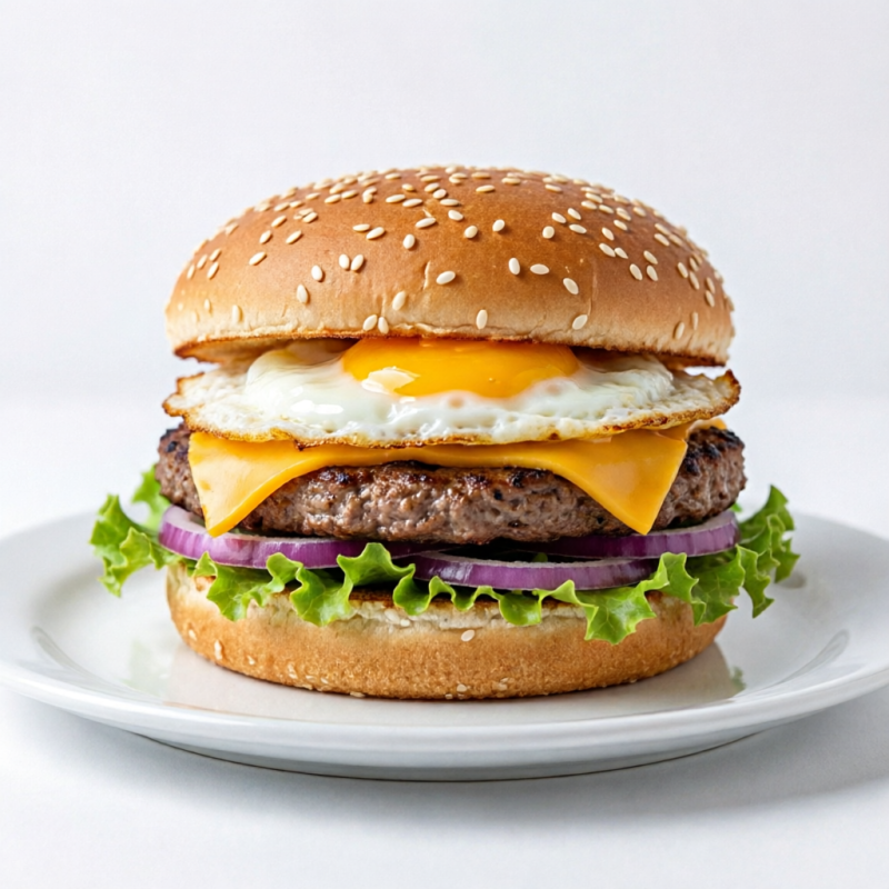 hamburguer, ovo, queijo cheddar, alface, cebola roxa.