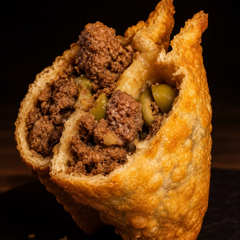Carne moída tradicional com azeitonas fatiadas.