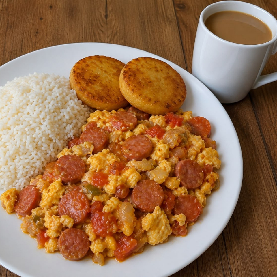 Huevos Rancheros + Arroz, Arepitas + Bebida