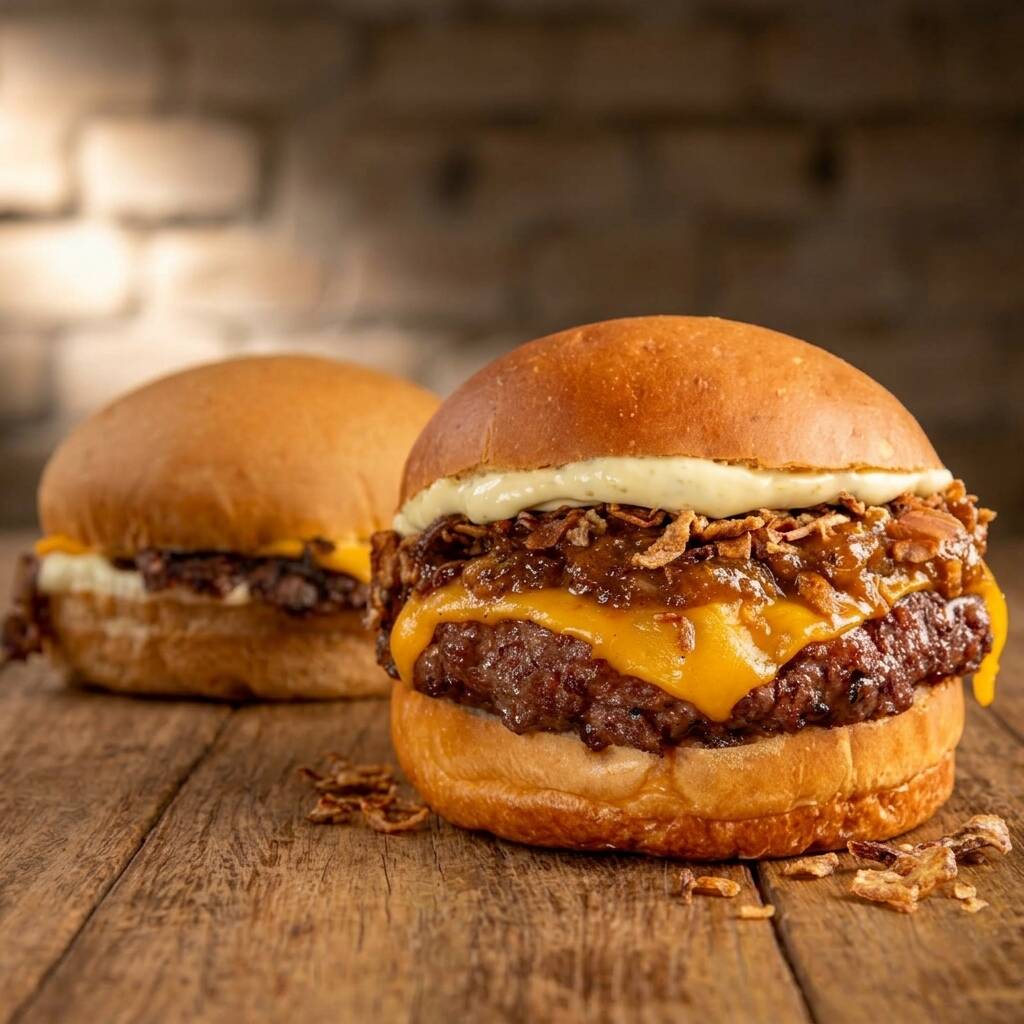 O aroma da manteiga de bacon no pão artesanal já prepara o paladar. Burger Angus 120g* suculento com cheddar derretido, geleia de bacon agridoce e cebola crispy enviada separada pra manter a crocância. Finalizado com maionese da casa. Uma paixão em forma de lanche — viciante desde a primeira mordida.