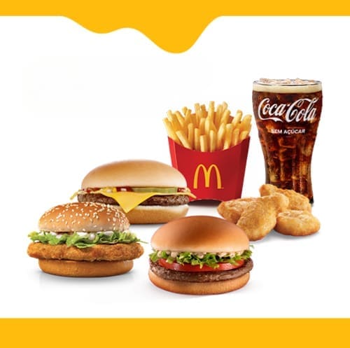 Escolha 4 (quatro) pequenos preços entre as opções: Cheeseburger, Chicken Jr, McFritas Média, Chicken McNuggets 4 unidades e Bebida