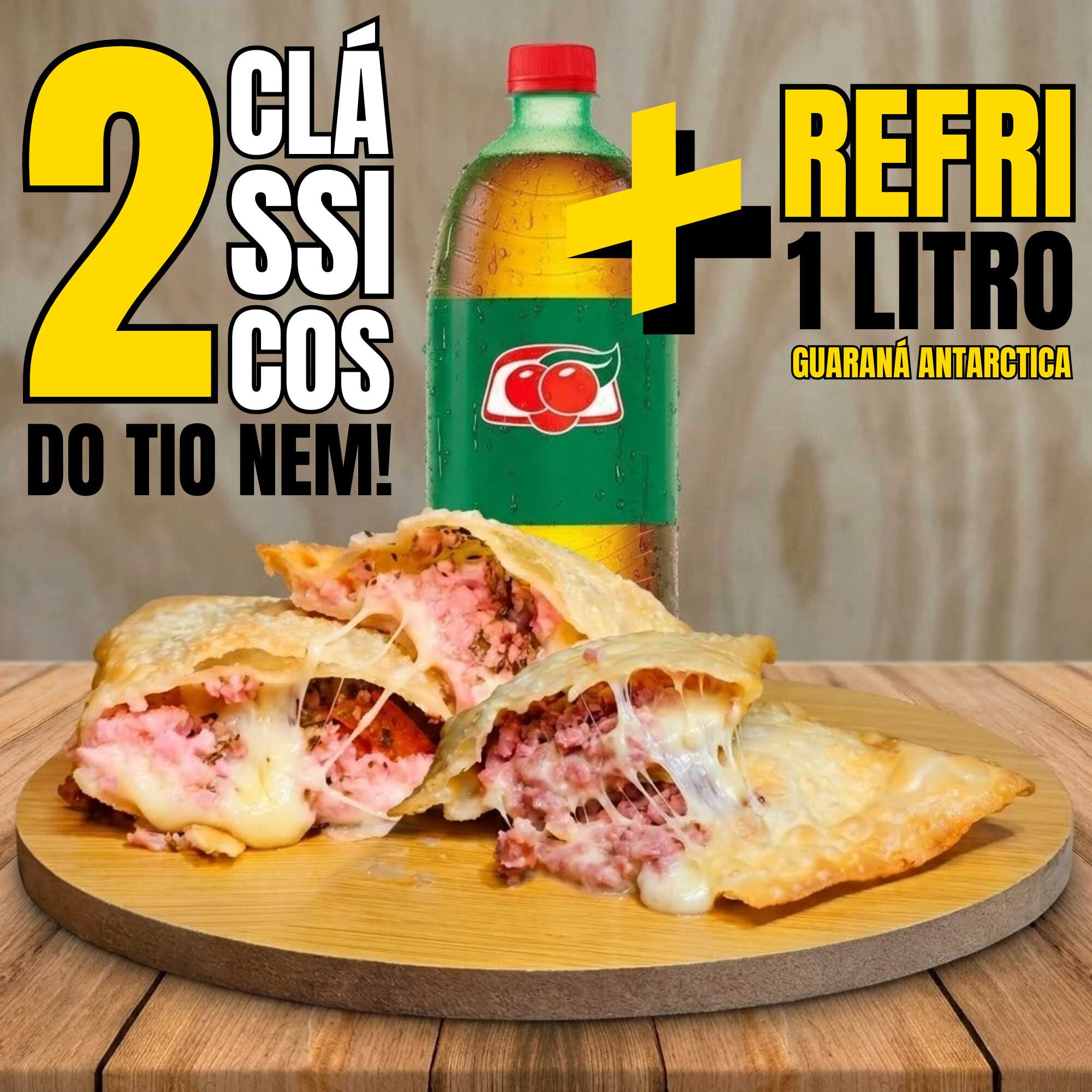 2x Pastel Clássico (Pizza ou Calabresa)
+ Refri 1L (Guaraná Antárctica)
+ 1 Maionese da casa