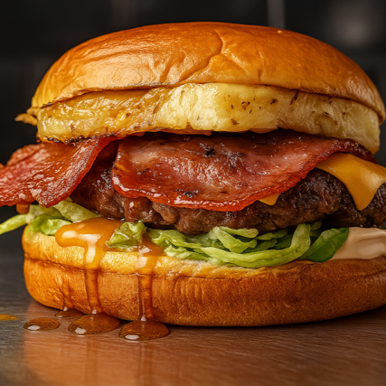 BURGER 150G, QUEIJO CHEDDAR, ABACAXI CARAMELIZADO NO MEL, MAIONESE E FATIAS DE BACON NO PÃO DE BRIOCHE (DOCE, EXOTICO E OUSADO).