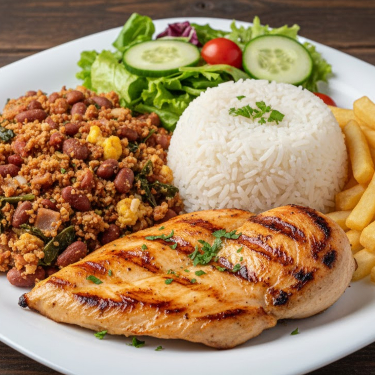 Suculento Filé de Frango grelhado com dois acompanhamentos a sua escolha: Arroz branco, Feijão tropeiro, farofa, salada ou batata frita. Prato individual.