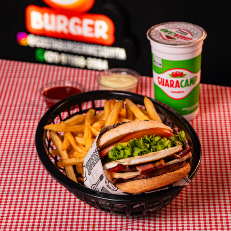 BURGER DE 1 CARNE , OVO, QUEIJO, PRESUNTO,ALFACE ,TOMATE E MAIONESE DA CASA + GUARAVITA GRATIS