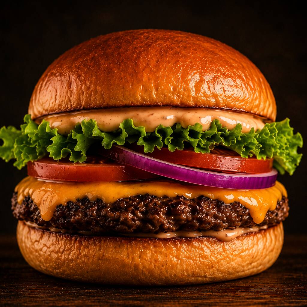 Blend 160g, cheddar fatiado, alface, tomate, cebola roxa e Molho Nobre.