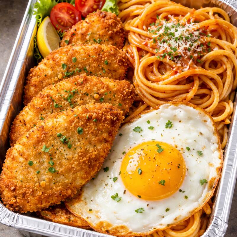 Marmita muito bem servida. Filé de frango crocante por fora e macio por dentro. Acompanha arroz, macarrão e ovo frito . A coca cola 200 ml é na faixa