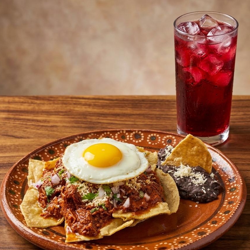 Chilaquiles con Cochinita y Huevo y Agua 1/2 L