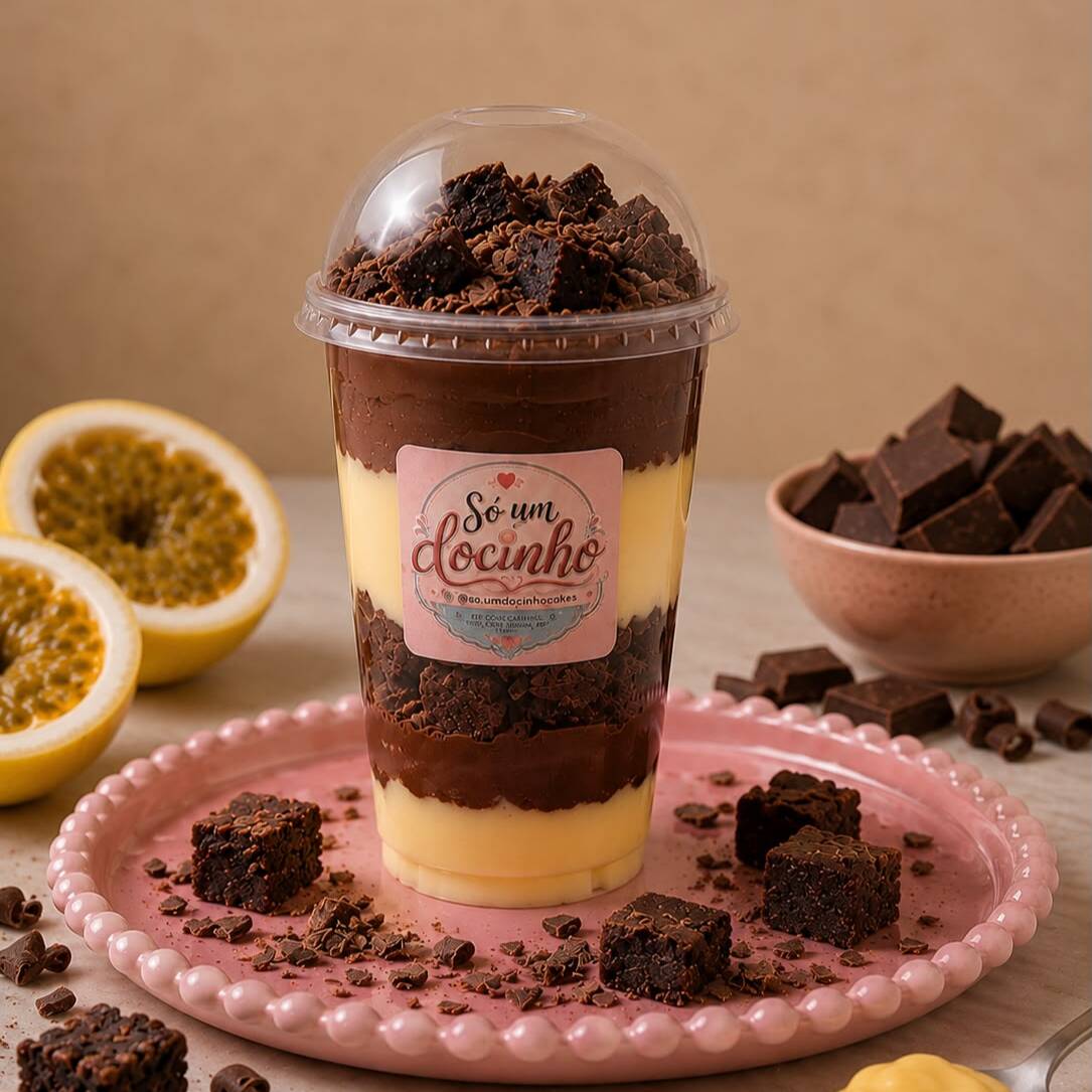 O equilíbrio perfeito! Copo de 250 ml com camadas intercaladas de creme de maracujá e chocolate meio amargo com pedaços generosos do nosso brownie.