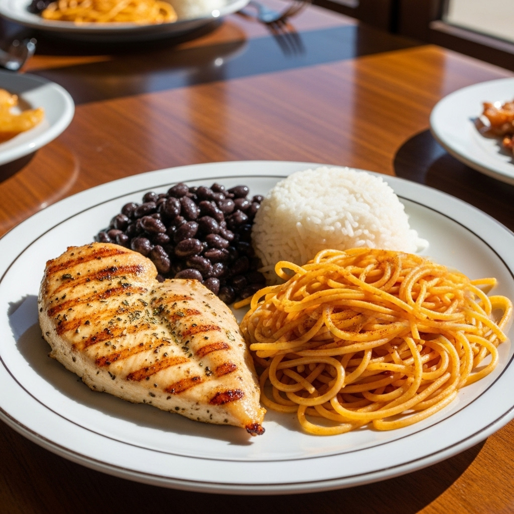 Suculento filé de frango, servido com o acompanhamento à sua escolha e a dupla clássica de arroz branco e feijão, com um tempero de casa que é de comer rezando.