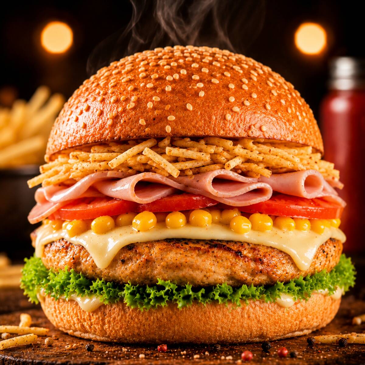 O 'Framburgue' é uma deliciosa opção na nossa categoria de 'Sanduíches'. Este lanche espetacular contém: Pão,carne de frango,presunto,mussarela,alface, tomate,milho e batata palha. Imagem meramente ilustrativa.