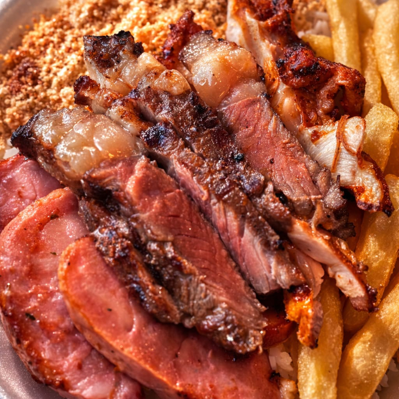 arroz, feijão, fritas, farofa, salada e vinagrete.