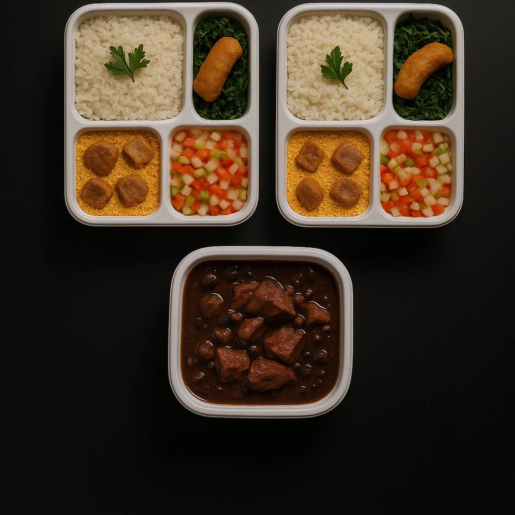 1 Litro da Clássica Feijoada Paulista, servida com ingrediente separados. Preparada com carnes selecionadas: Paio, Costelinha magra, Lombo, Linguiça calabresa e Carne Seca traseira. Acompanhamentos de altíssima qualidade: Couve refogada na manteiga e alho, farofa com tempero do chef, torresmo crocante e um delicioso vinagrete. Serve de 2 a 3 pessoas