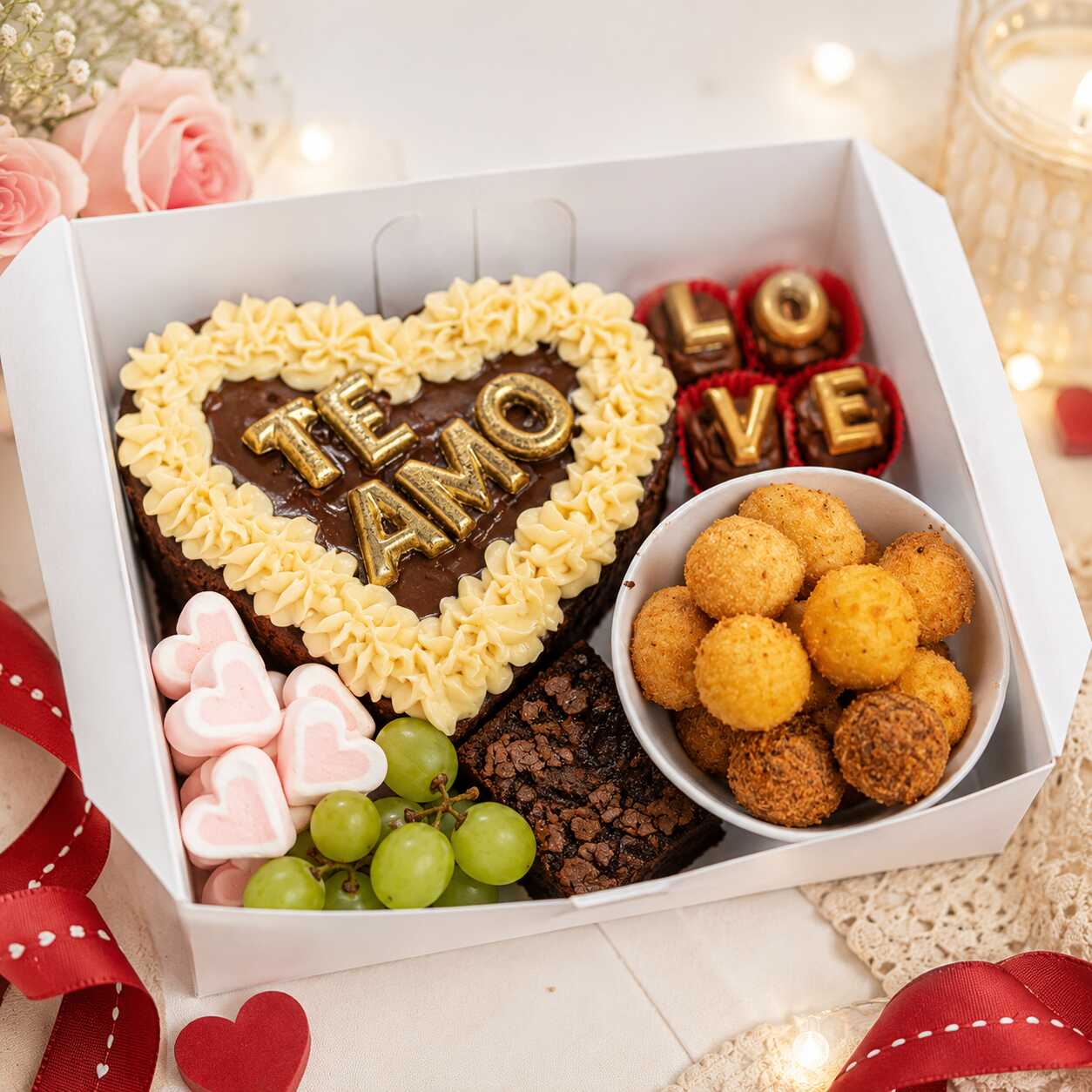 Uma caixa romântica e deliciosa, perfeita para surpreender quem você ama!
Contém 1 bolo coração de 20 cm, 4 doces especiais, 15 salgadinhos, 8 marshmallows, uvas frescas e brownie.
Uma combinação linda de doces e salgados, preparada com carinho para deixar esse momento ainda mais especial.
Ideal para presentear no Dia dos Namorados, aniversário de namoro ou qualquer ocasião romântica.