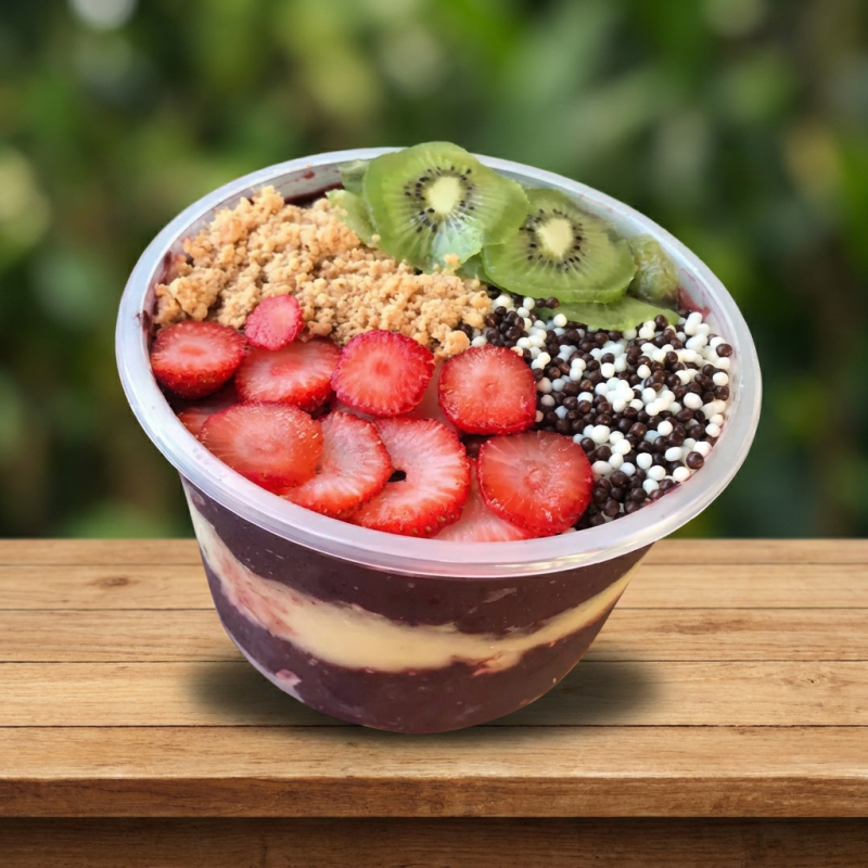 * IMAGEM ILUSTRATIVA, açaí enviado no pote térmico para melhor condicionamento no envio delivery, escolha até 5 acompanhamentos gratuitos.