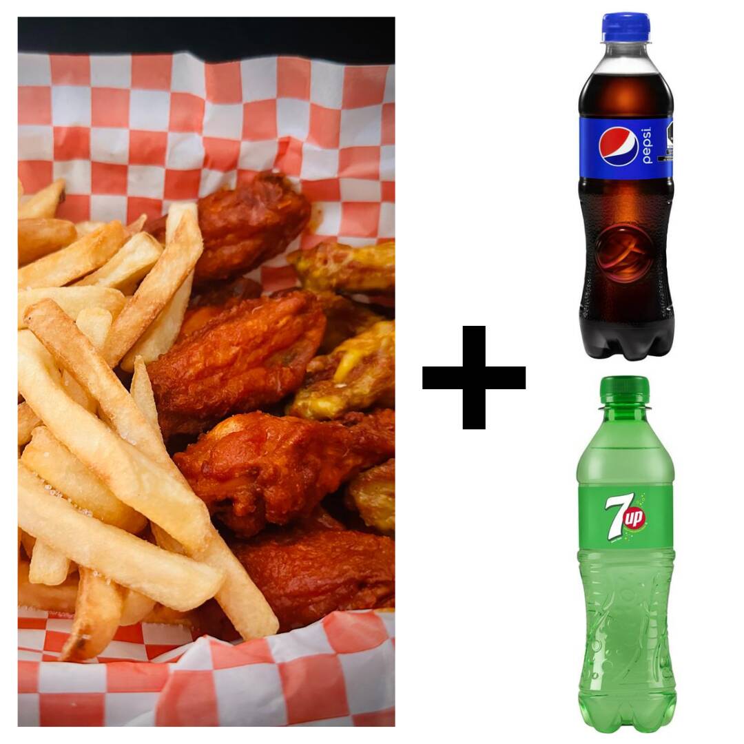 Combo pa' 2 (12 alitas c/papas + 2 refrescos)