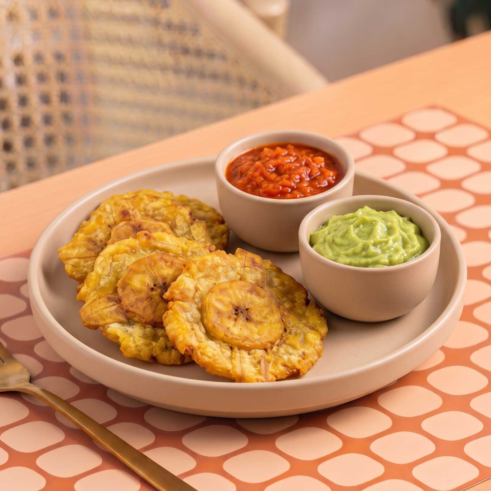 Patacones con Hogao y Guacamole Bowl
