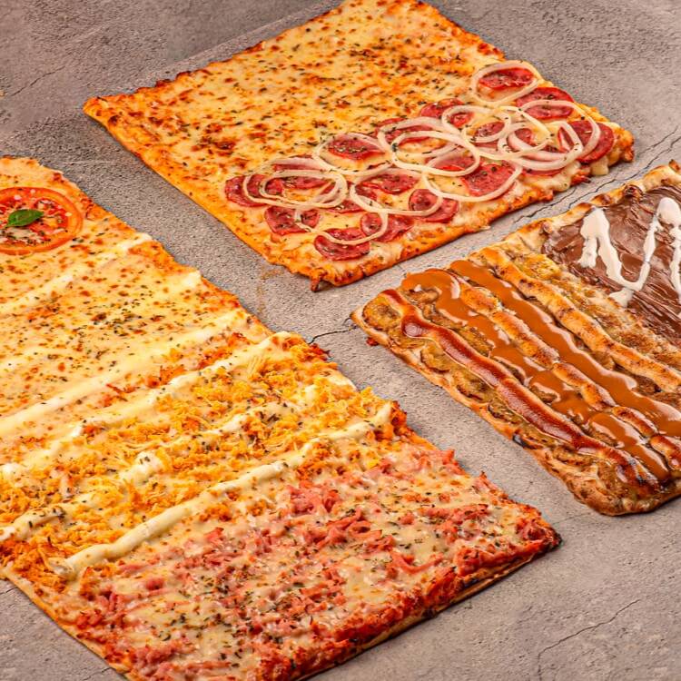 Um rodízio a moda Pizza do Rão: 8 super fatias (25cm X 12cm) com sabores variados e já definidos — Presunto, marguerita, calabresa, frango com Catupiry, três queijos, alho, além das irresistíveis doces Banana Nevada e Chocolate.