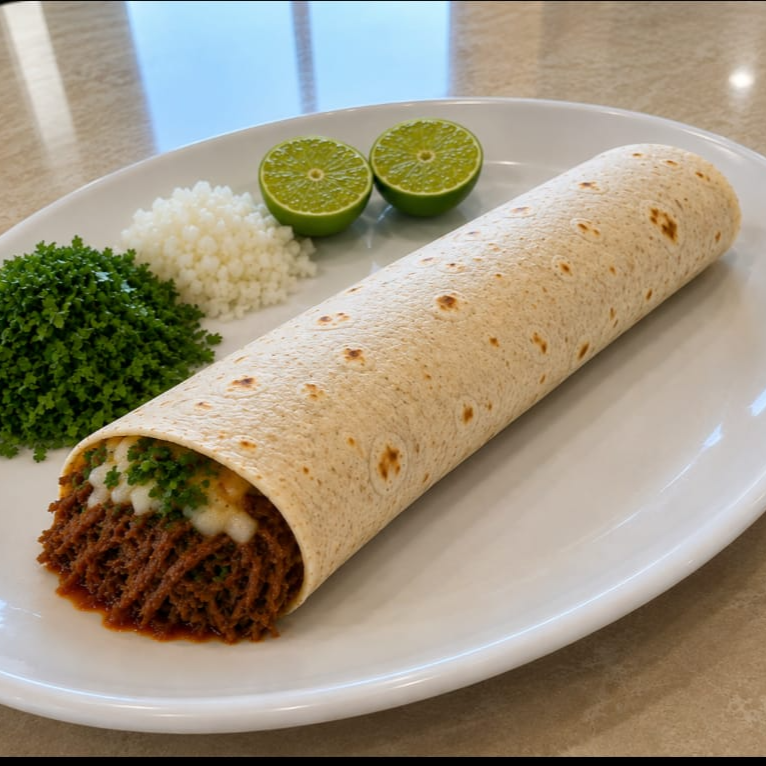 Quesiburrito de Birria de Borrego + Consome