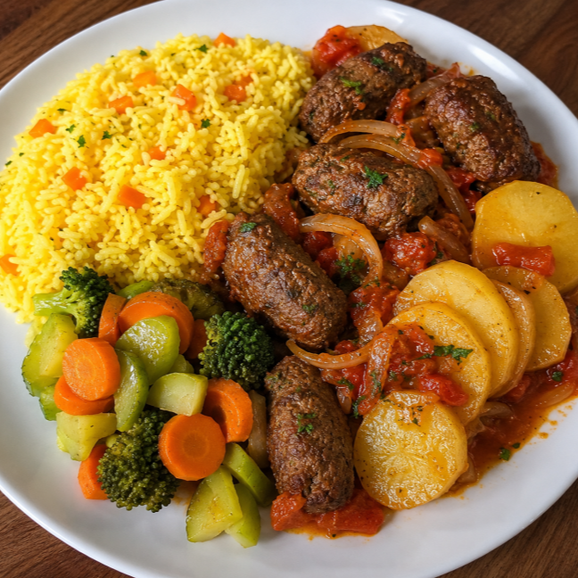 - Kabsa (arroz, cenoura, grão de bico, pimentão, temperos árabes e amêndoas torradas ) - Kafta assada com tomate, cebola, batata rústica regado ao molho de tomate - Mix de legumes (abobrinha, cenoura, brócolis)