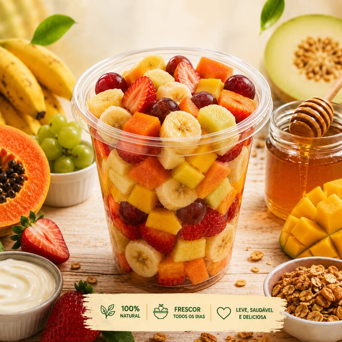 Pote de salada de frutas da estação, bem fresquinhas e cortadas na hora.