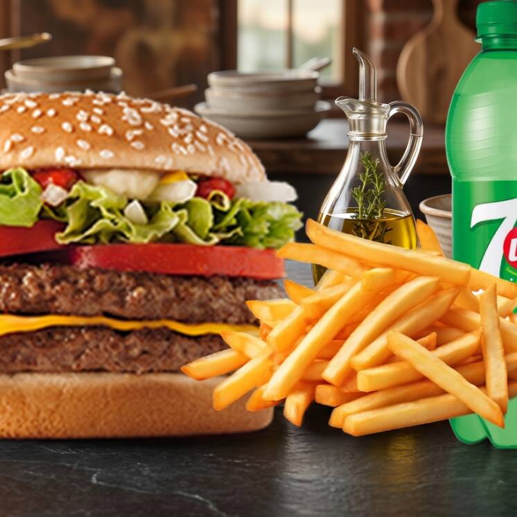 Hamburguesa doble con papas y refresco