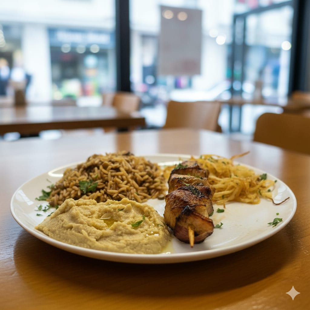 Filé michui de mignon bem temperado e grelhado, servido com arroz de lentilha aromático, tabule fresco e homus cremoso.
tags:filé michui, michui de mignon, carne grelhada, executivo árabe, arroz de lentilha, tabule, homus, marmita árabe, prato feito,espeto de mignon