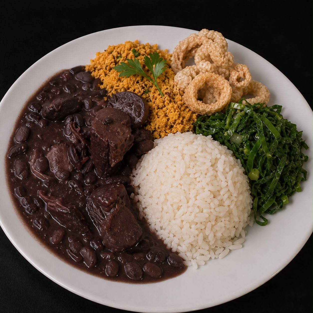 Feijoada bem servida com carnes selecionadas, acompanhada de arroz branco soltinho, couve refogada, farofa temperada e torresmo crocante. Um prato completo e cheio de sabor.