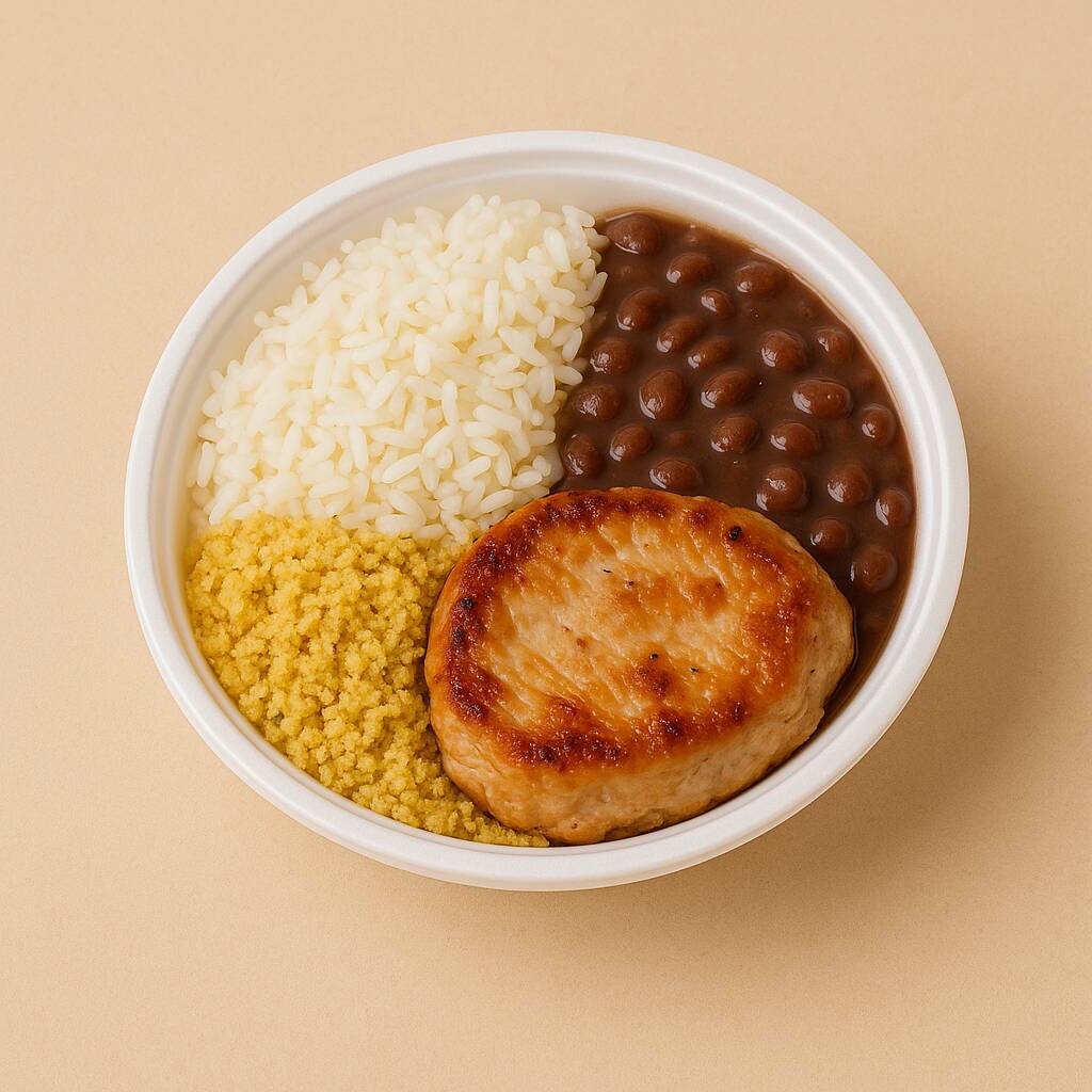 Refeição prática e saborosa! Duas 2colheres de arroz, uma concha de feijão, uma de farofa e 1 proteína do dia — escolhida pela cozinha conforme o que estiver mais fresco no buffet. Pode ser carne assada, frango, filé de peixe, frango grelhado ou outra proteína disponível no momento.